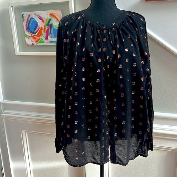 LOFT - BLACK, SHEER BLOUSE WITH ROSE GOLD DOTS - SIZE XL - Picture 2 of 5